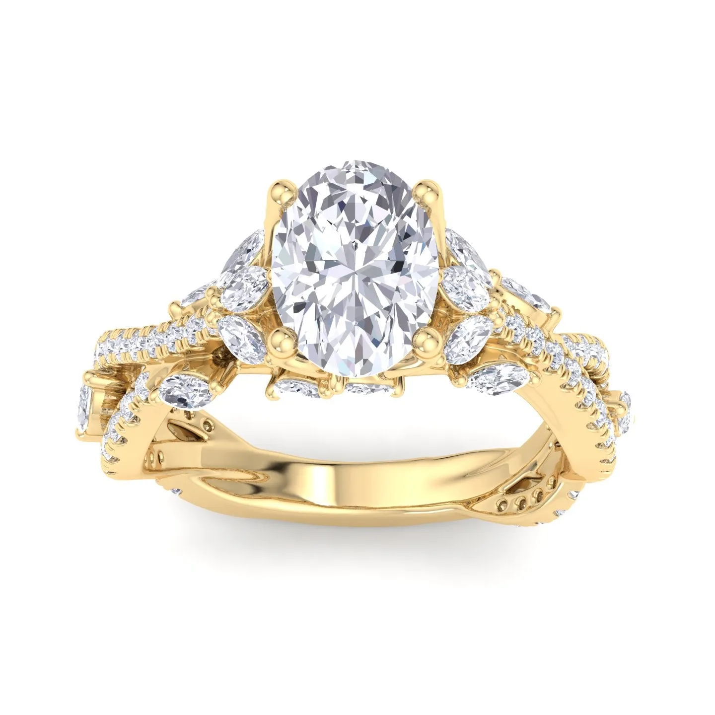 Fiorella - Oval Shape Diamond Engagement Ring with Marquise Shape Side stones and Twisted Pave Band