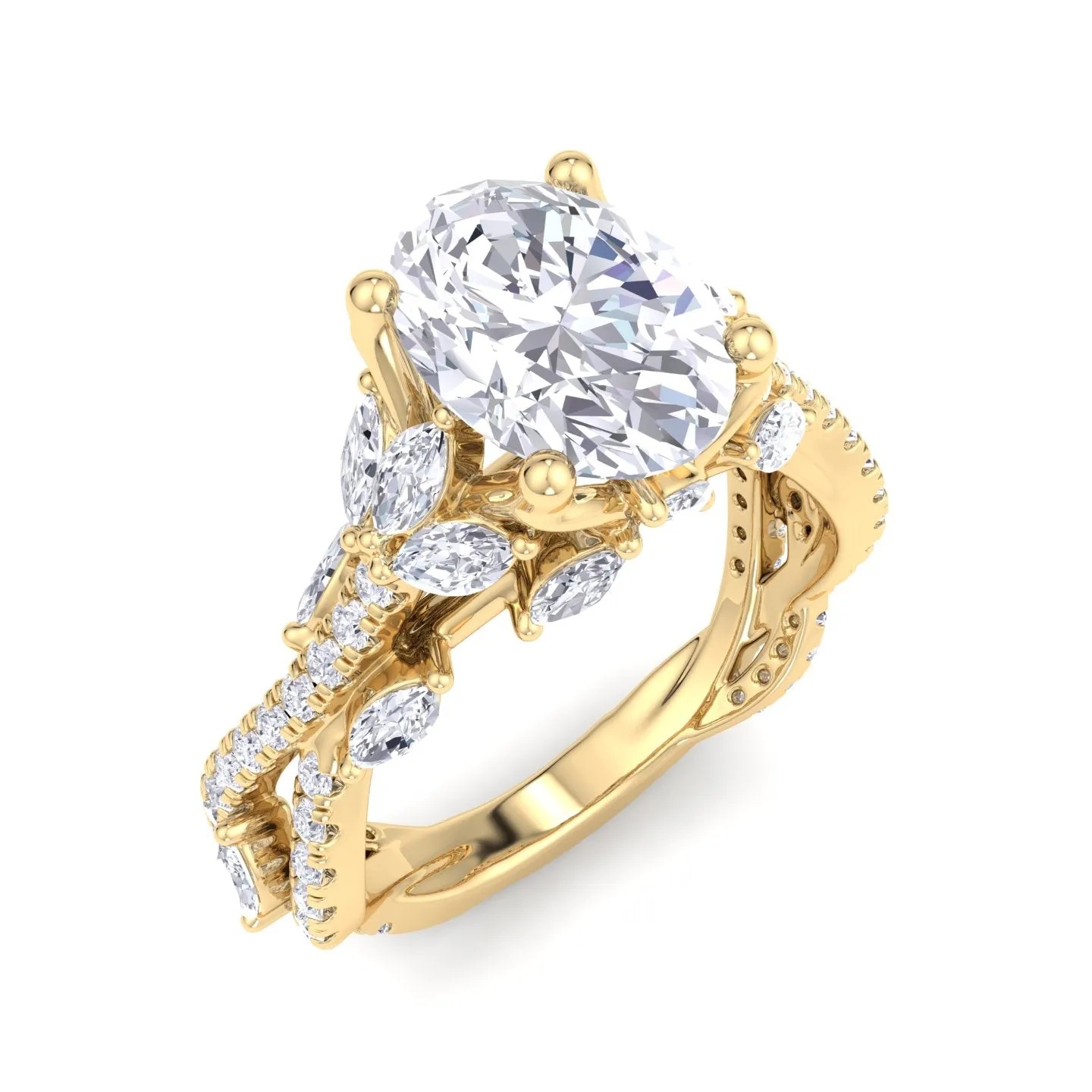 Fiorella - Oval Shape Diamond Engagement Ring with Marquise Shape Side stones and Twisted Pave Band