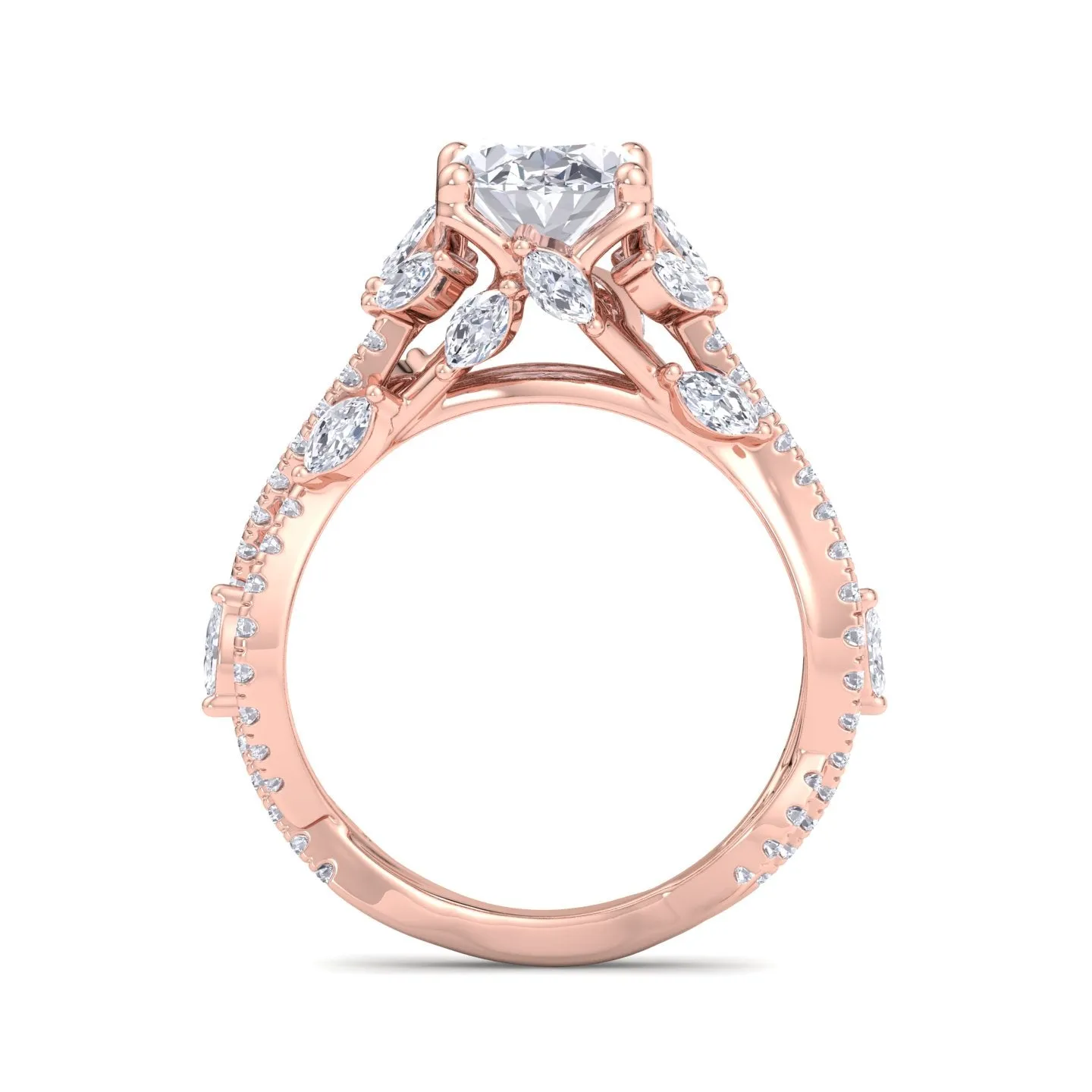 Fiorella - Oval Shape Diamond Engagement Ring with Marquise Shape Side stones and Twisted Pave Band