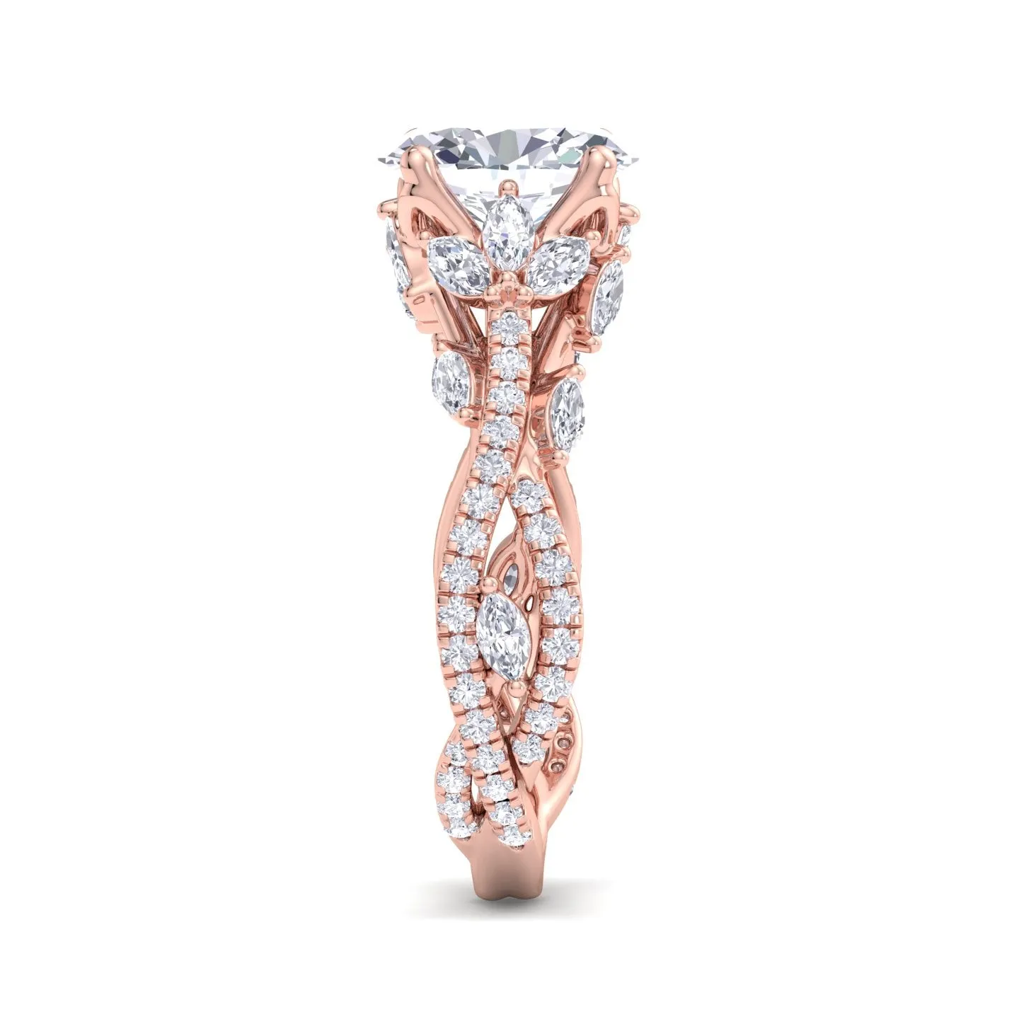 Fiorella - Oval Shape Diamond Engagement Ring with Marquise Shape Side stones and Twisted Pave Band