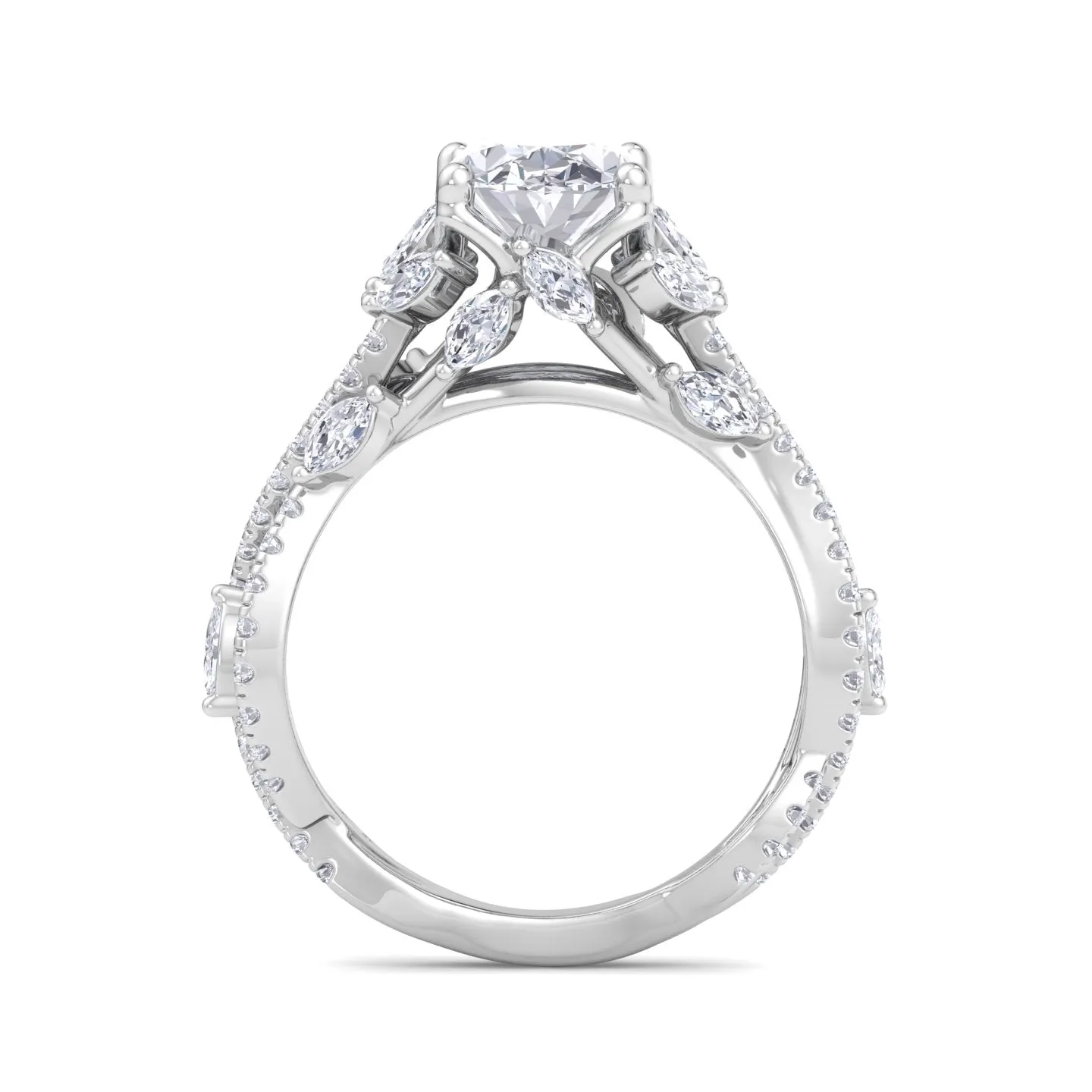 Fiorella - Oval Shape Diamond Engagement Ring with Marquise Shape Side stones and Twisted Pave Band