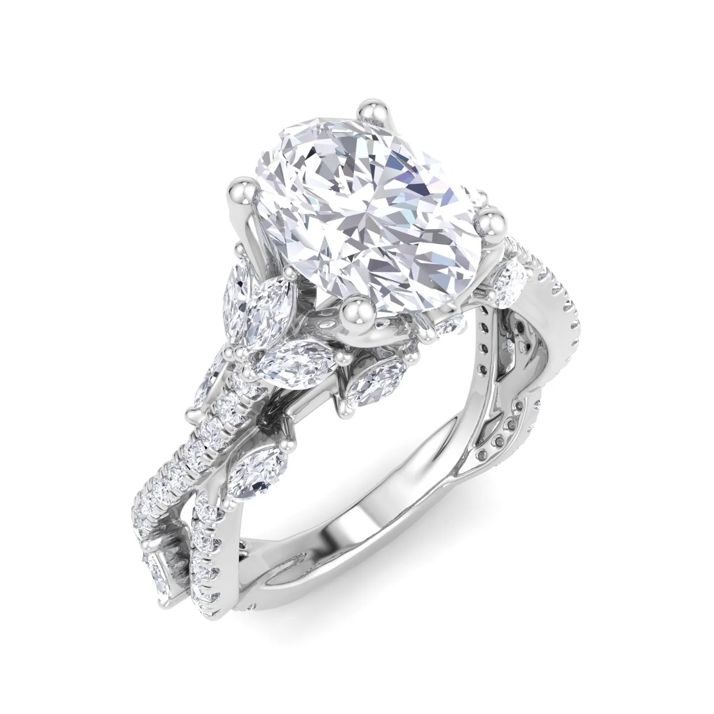 Fiorella - Oval Shape Diamond Engagement Ring with Marquise Shape Side stones and Twisted Pave Band