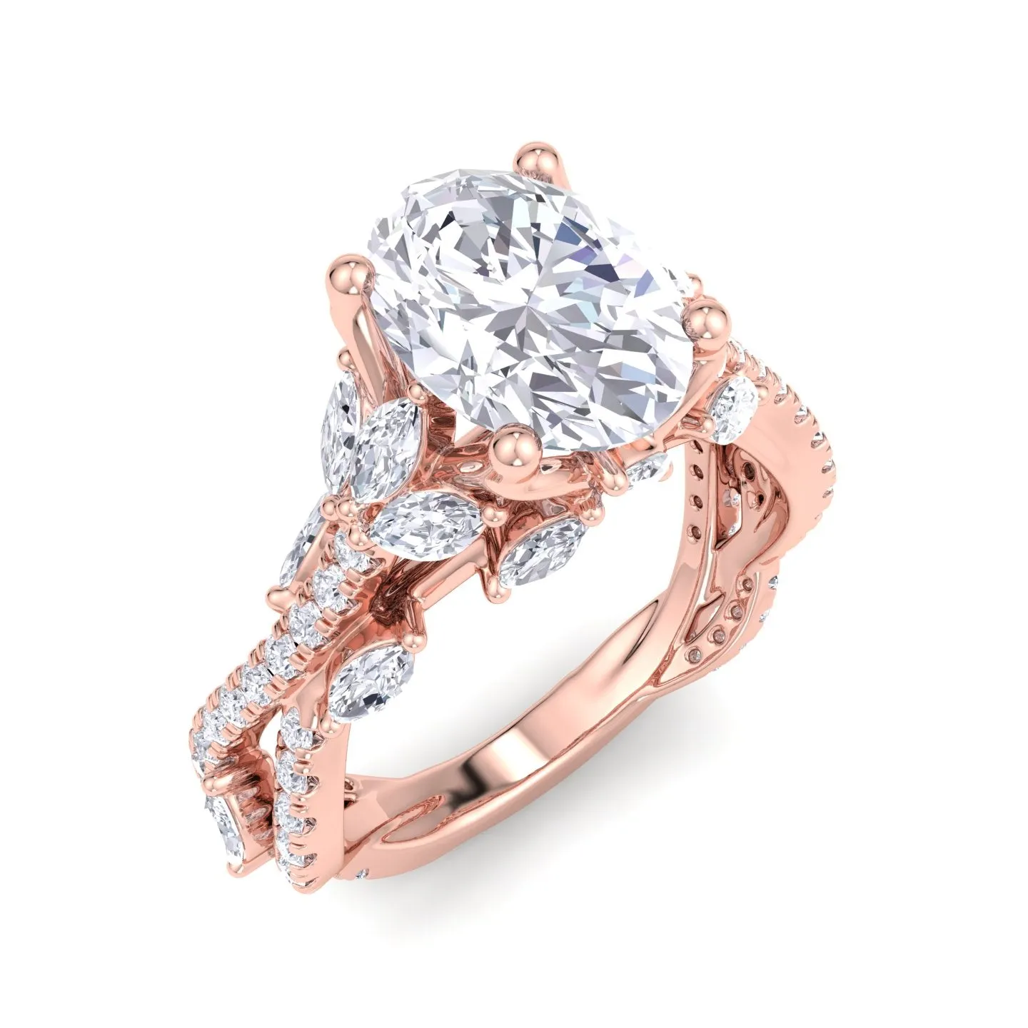 Fiorella - Oval Shape Diamond Engagement Ring with Marquise Shape Side stones and Twisted Pave Band