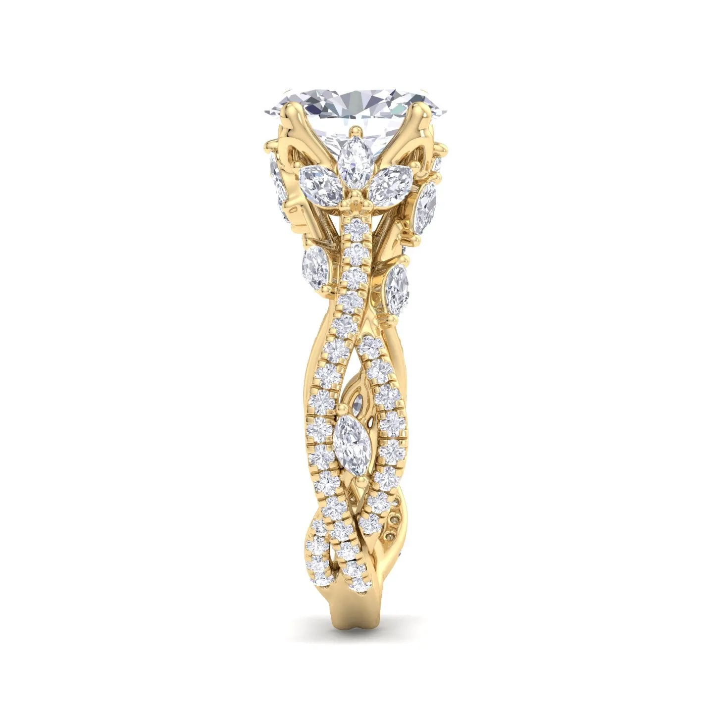 Fiorella - Oval Shape Diamond Engagement Ring with Marquise Shape Side stones and Twisted Pave Band