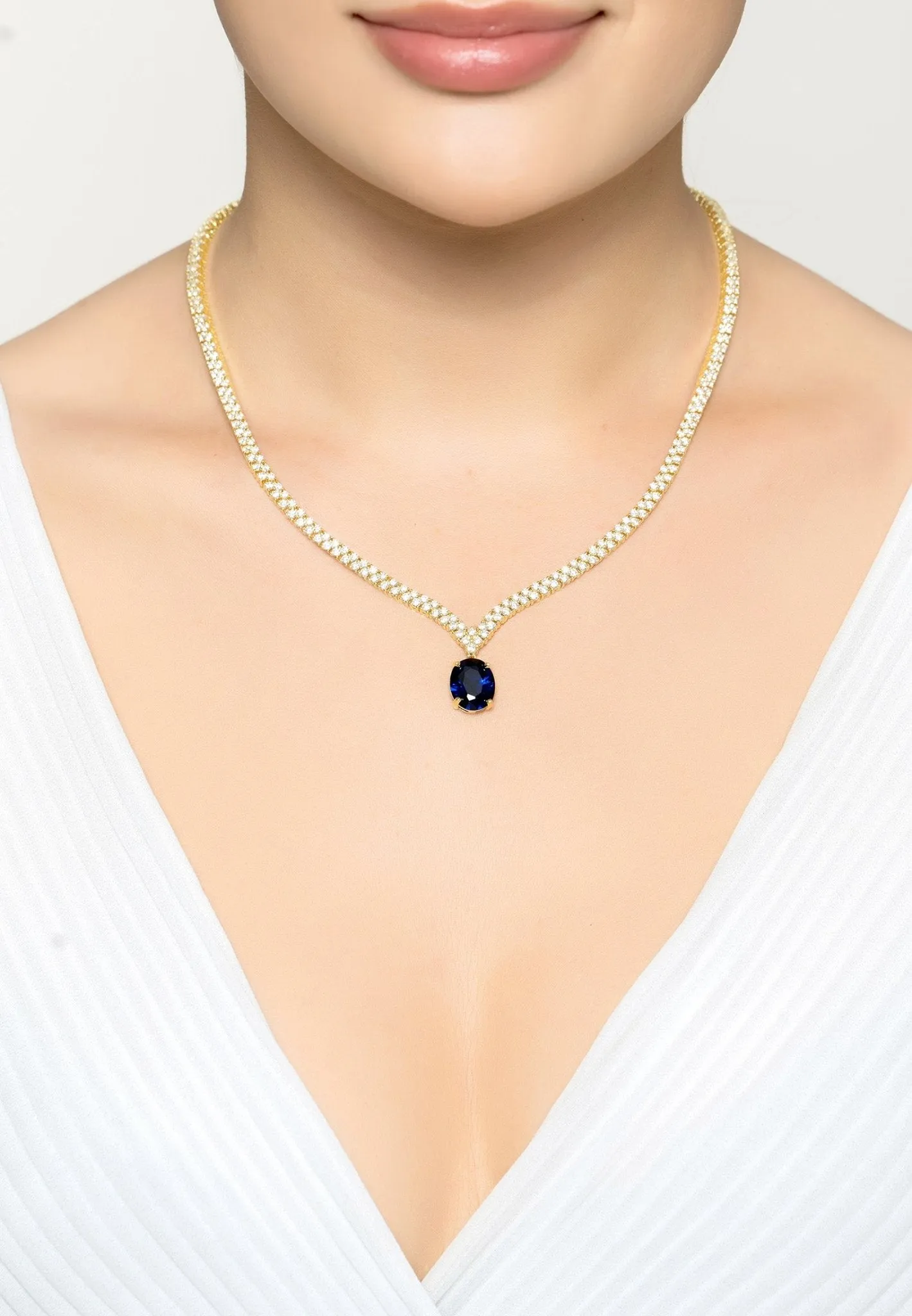 Garbo Oval Gemstone Tennis Necklace Sapphire Gold