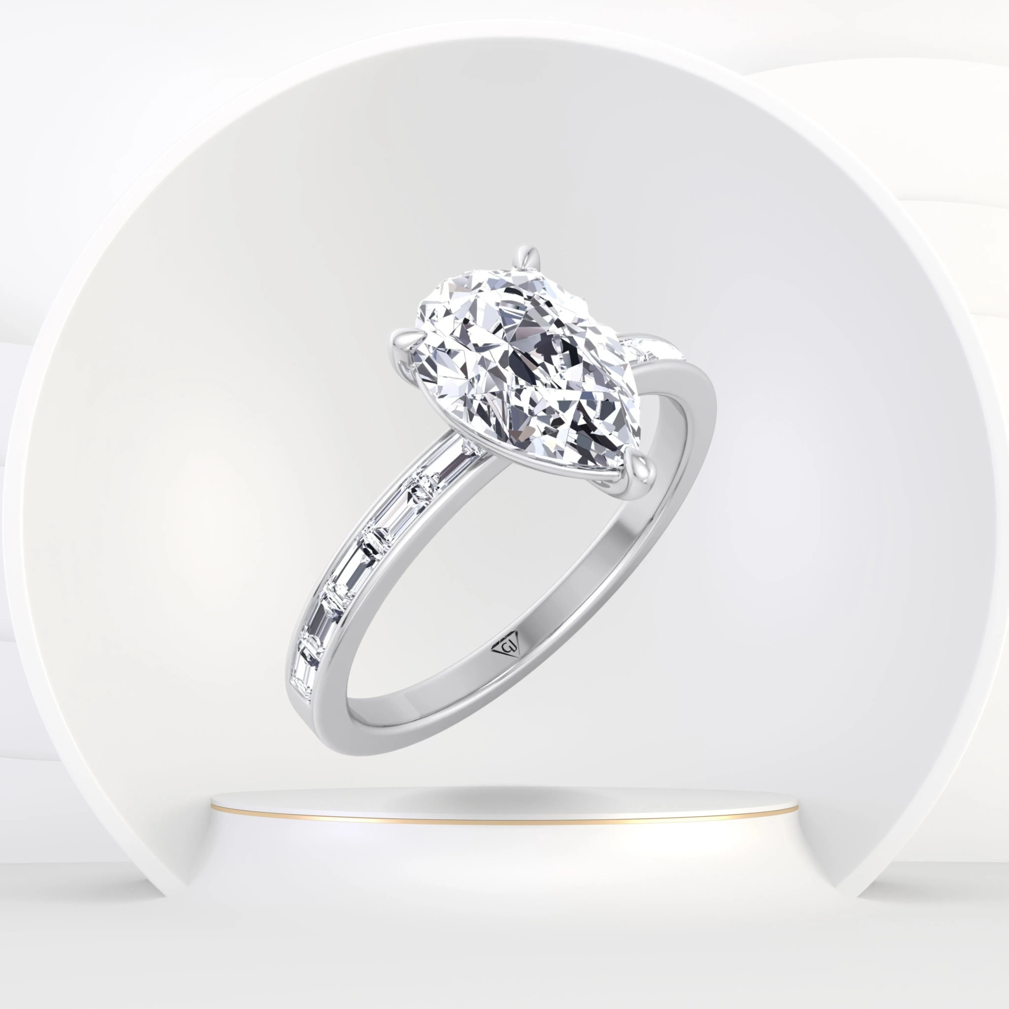 Gina - Pear Shape Diamond Engagement Ring with Baguette Shape Channel Set Side Stone Band