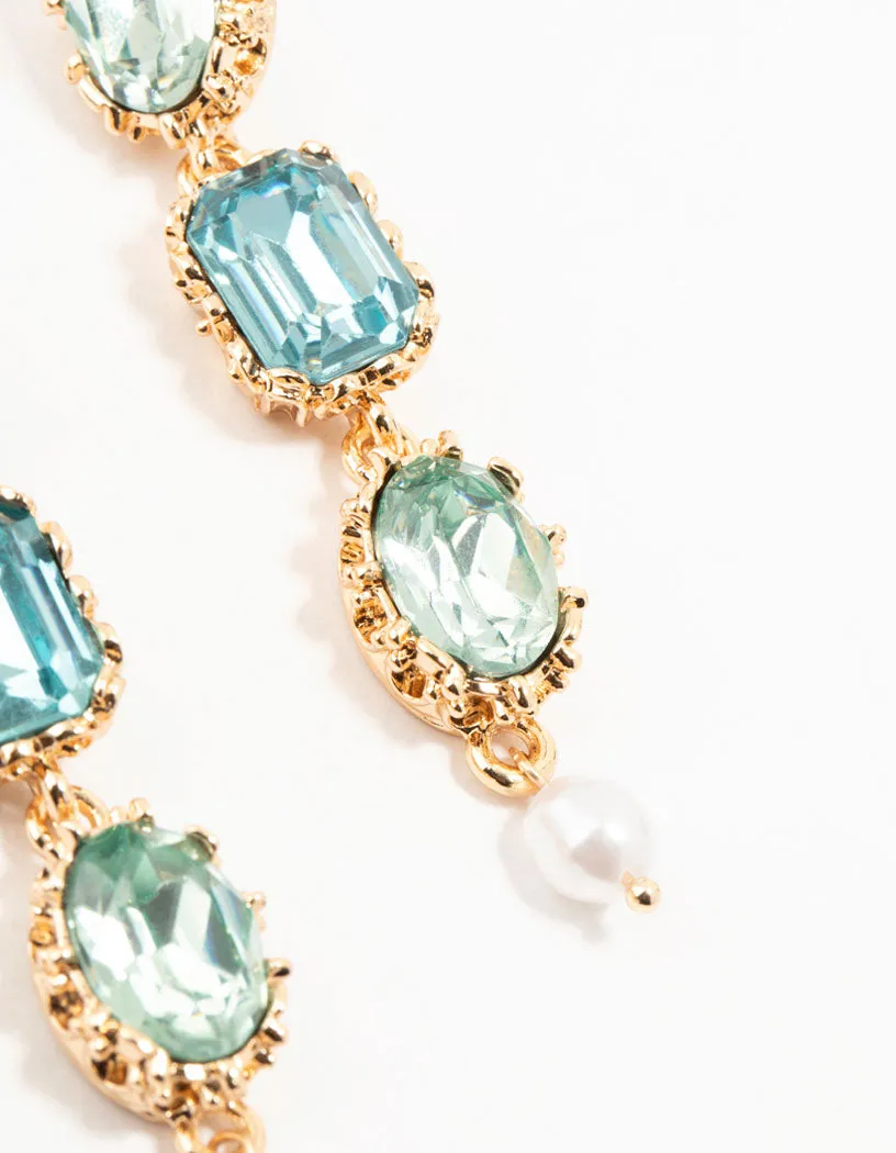 Gold & Aqua Mixed Shape Diamante Drop Earrings