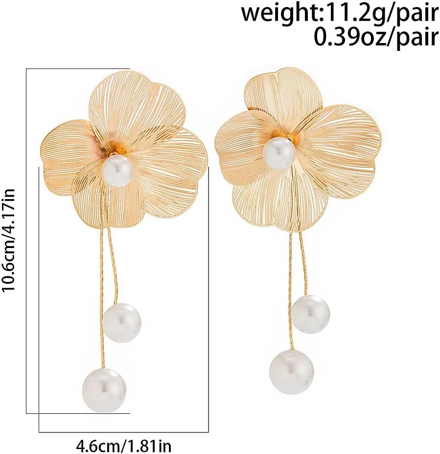 Gold Flower Pearl Dangle Earrings for Women Bohemia Vintage Large Floral Beads Dangling Earrings Exaggerated Long Flower Metal Earrings Charm Jewelry