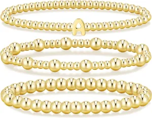 Gold Initial Bracelets for Women, 14K Gold Plated Beaded Bracelets Gold Stretch Bead Ball Bracelet stack Set Adjustable Bracelet Set Jewelry for Gifts (A, 7)