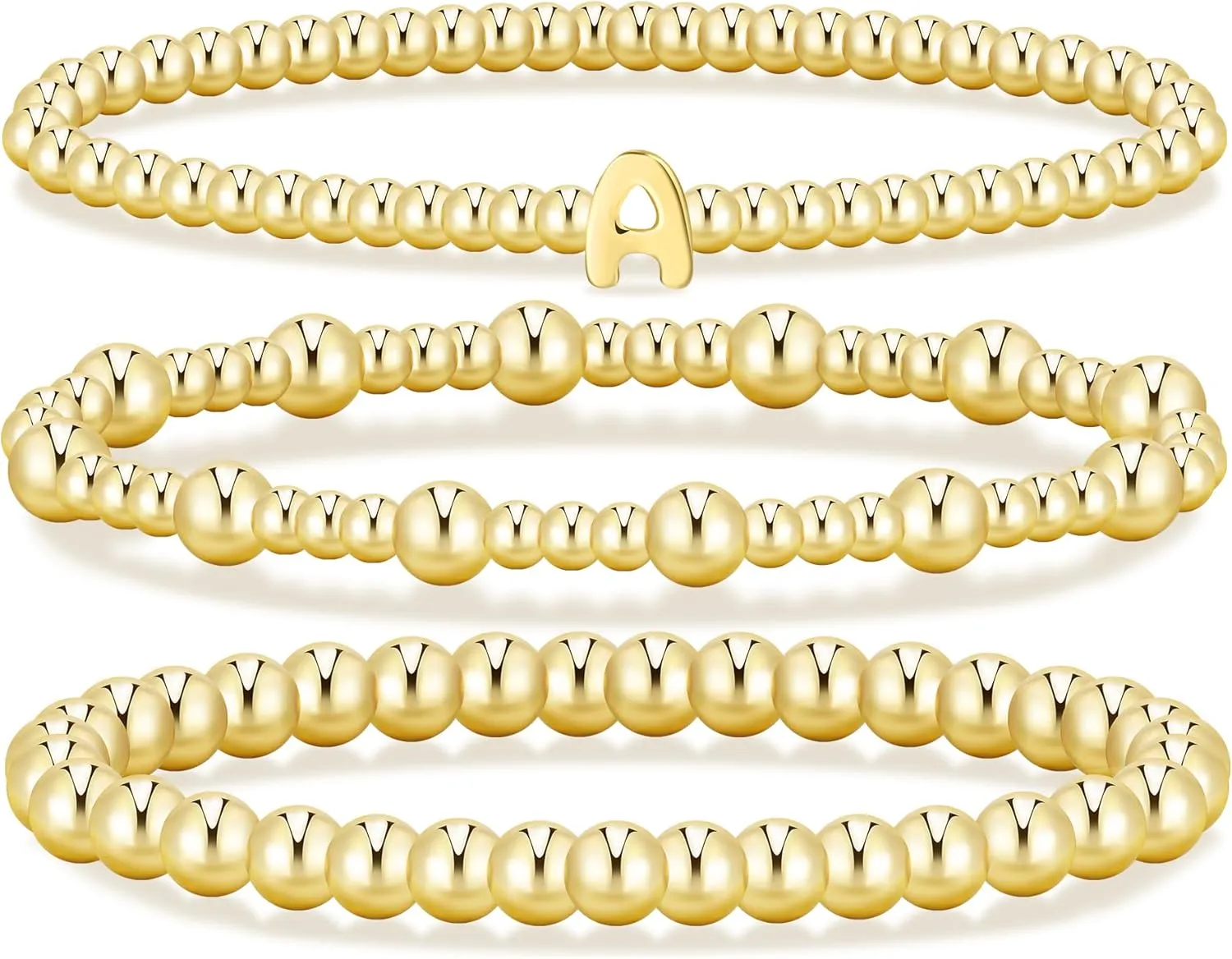 Gold Initial Bracelets for Women, 14K Gold Plated Beaded Bracelets Gold Stretch Bead Ball Bracelet stack Set Adjustable Bracelet Set Jewelry for Gifts (A, 7)