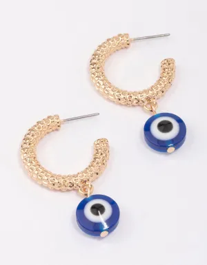 Gold Textured Evil Eye Hoop Earrings