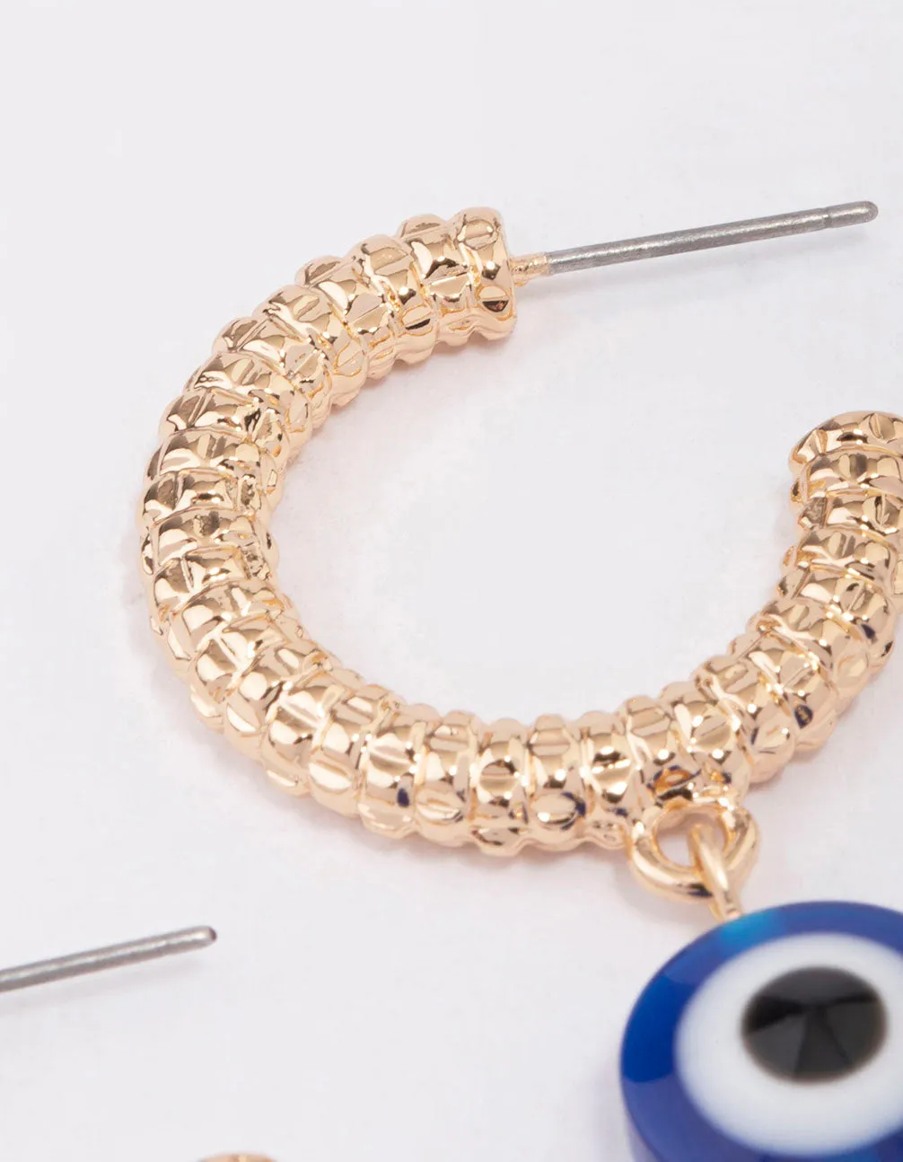Gold Textured Evil Eye Hoop Earrings