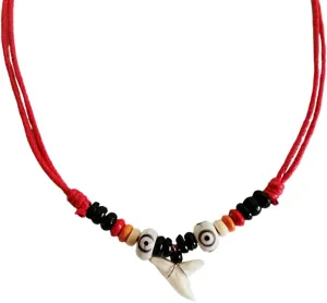 Handmade Shark Tooth With Wooden Beaded Pendant Handmade Adjustable Slip Knots 16-30 Inches Red Cord Rope Necklace For Men Woman Girl Friend Gifts
