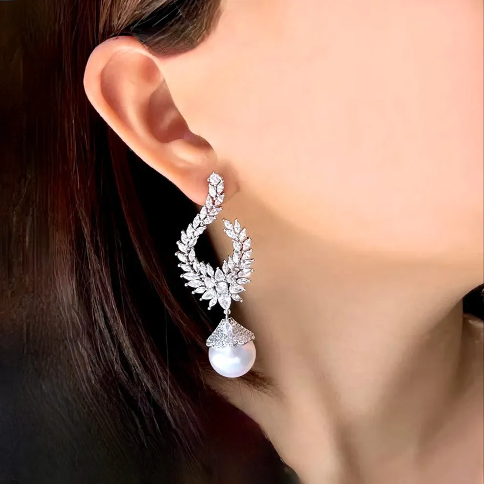 Keanna - Pearl and Cubic Zirconia Bridal Earrings