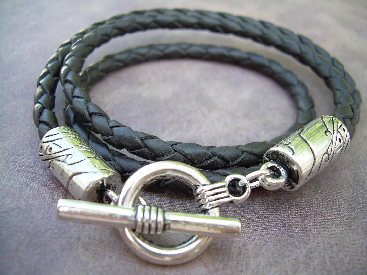Leather Bracelet, Brown Braided, Triple Wrap, Mens Bracelet, Womens Bracelet