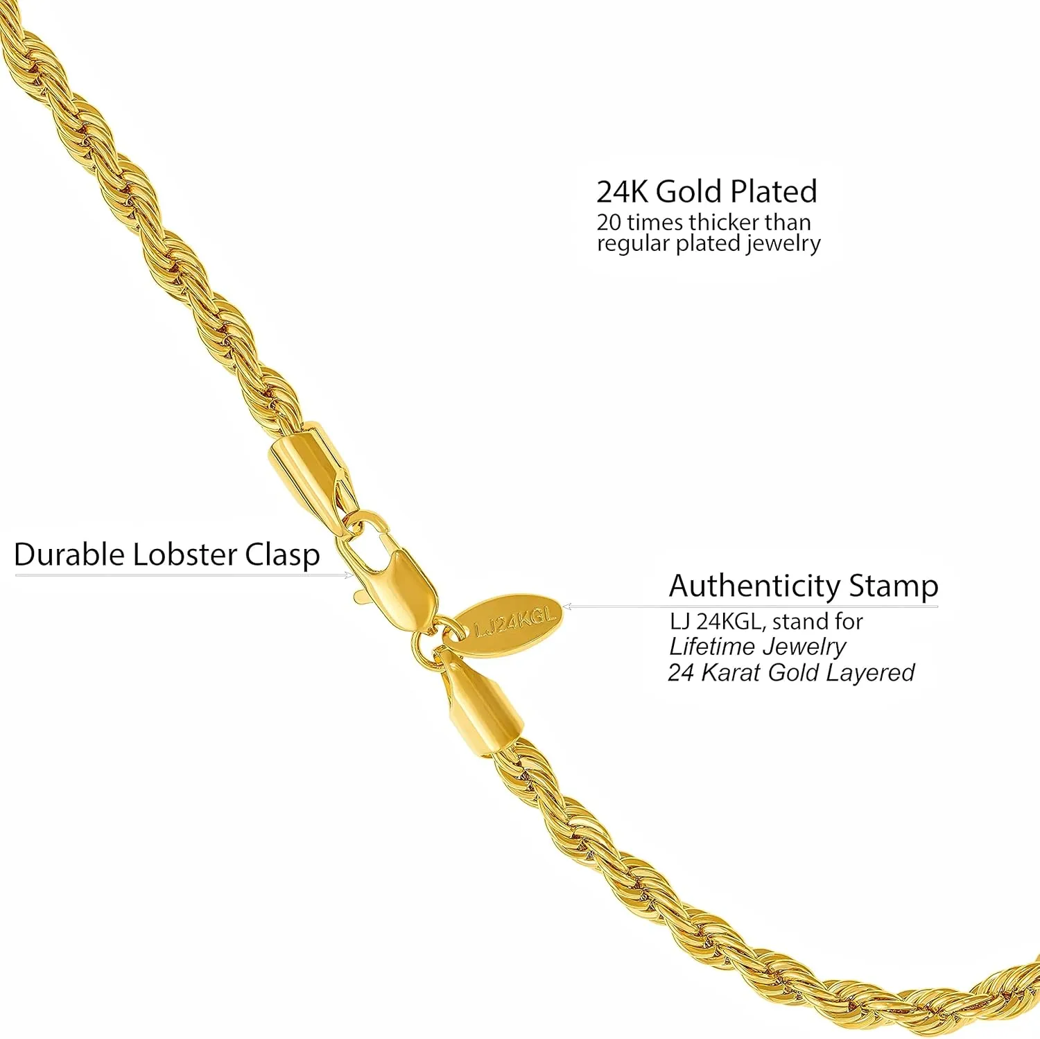 LIFETIME JEWELRY Womens Gold Anklet 5mm Rope Chain Ankle Bracelet 24k Real Gold Plated