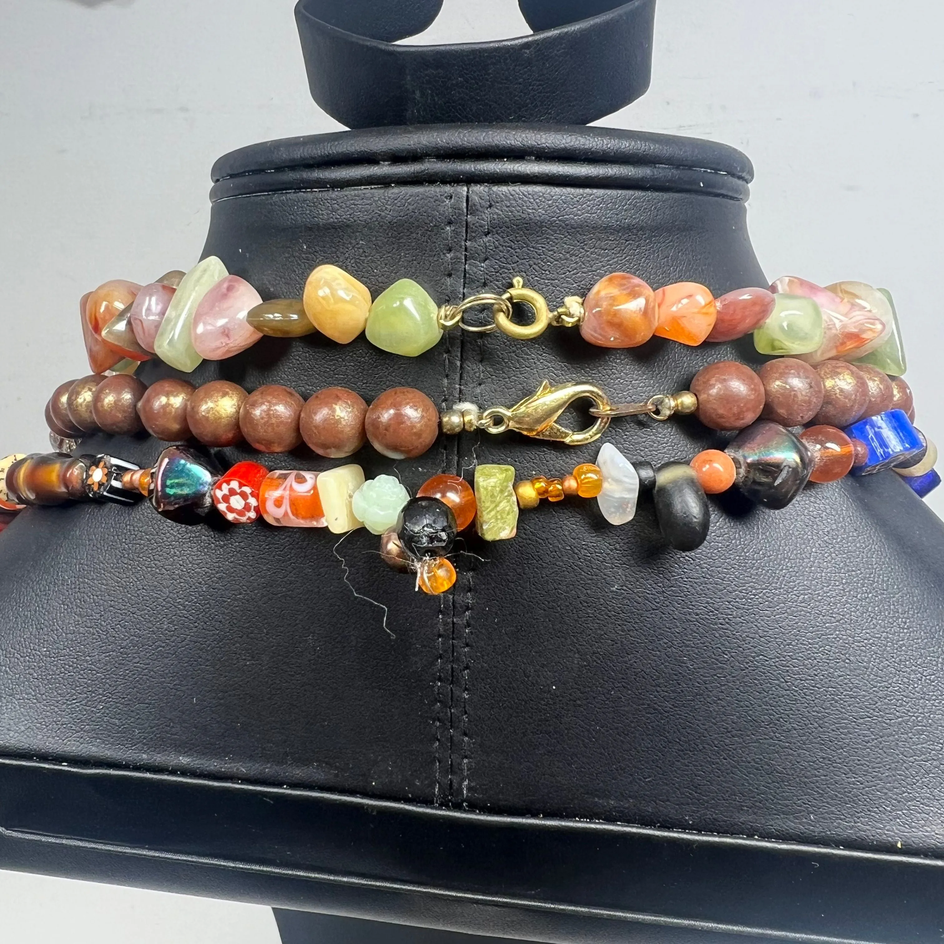 Lot of 3 Beaded Earthy Brown Stone Glass Layering Necklaces