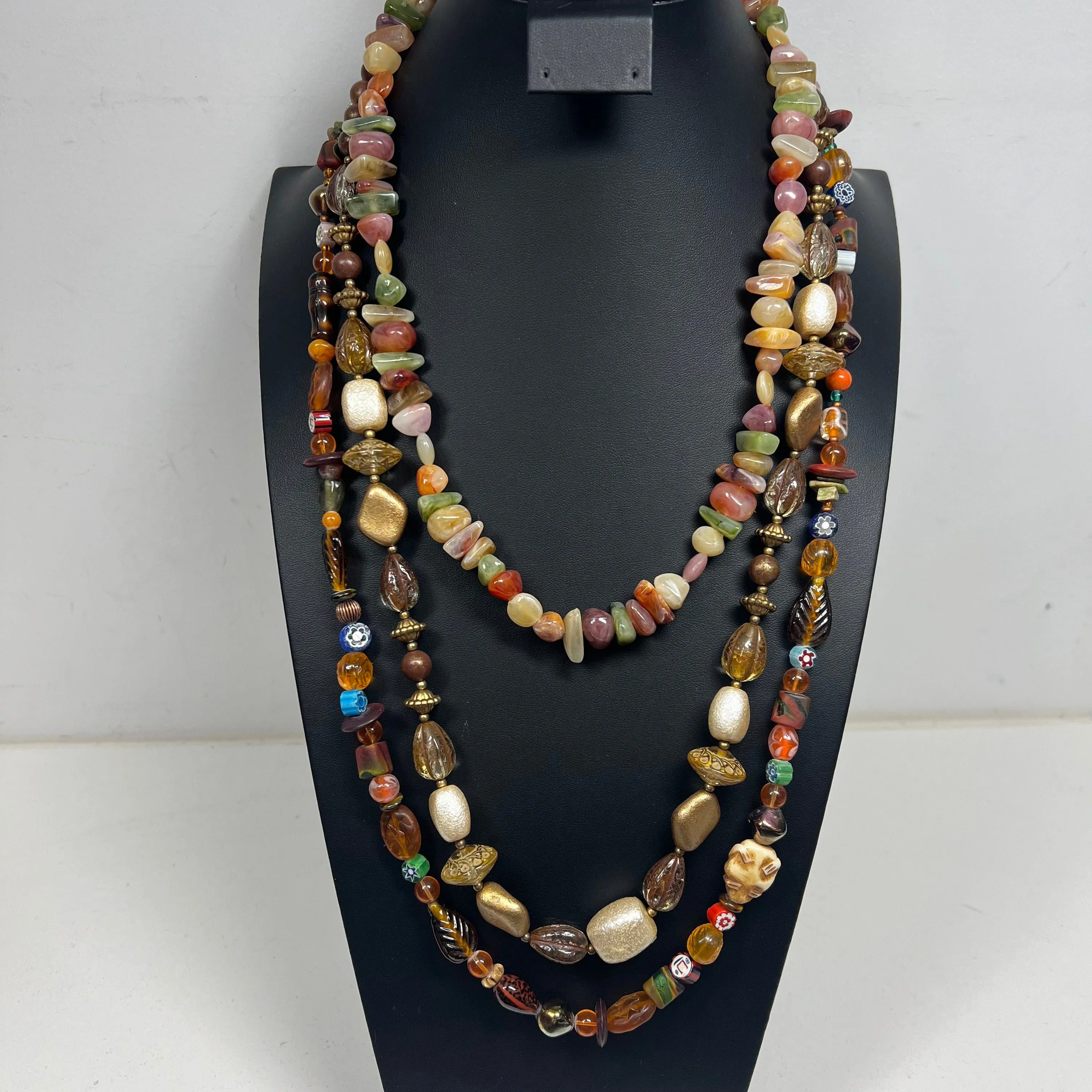Lot of 3 Beaded Earthy Brown Stone Glass Layering Necklaces