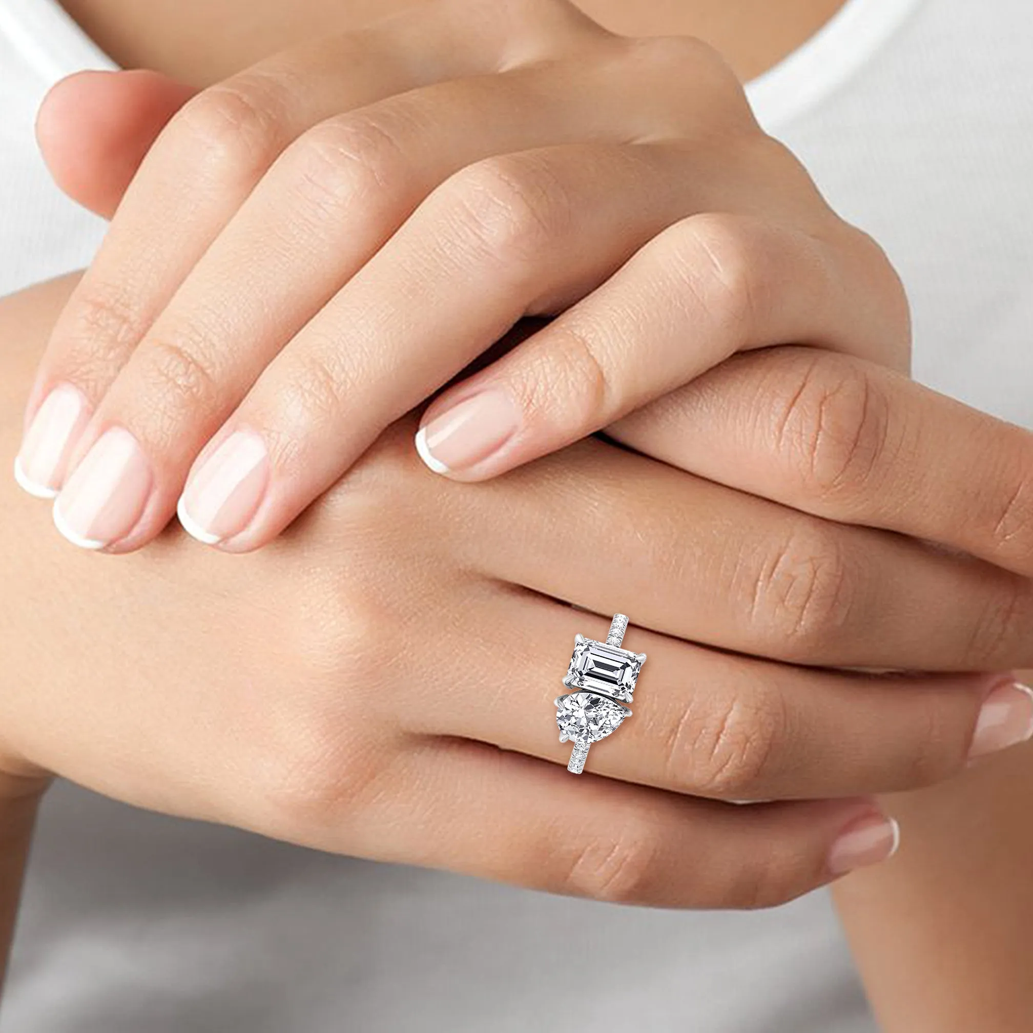 Lyra- Toi et Moi Pear & Emerald Cut Diamond Engagement Ring with Sidestones