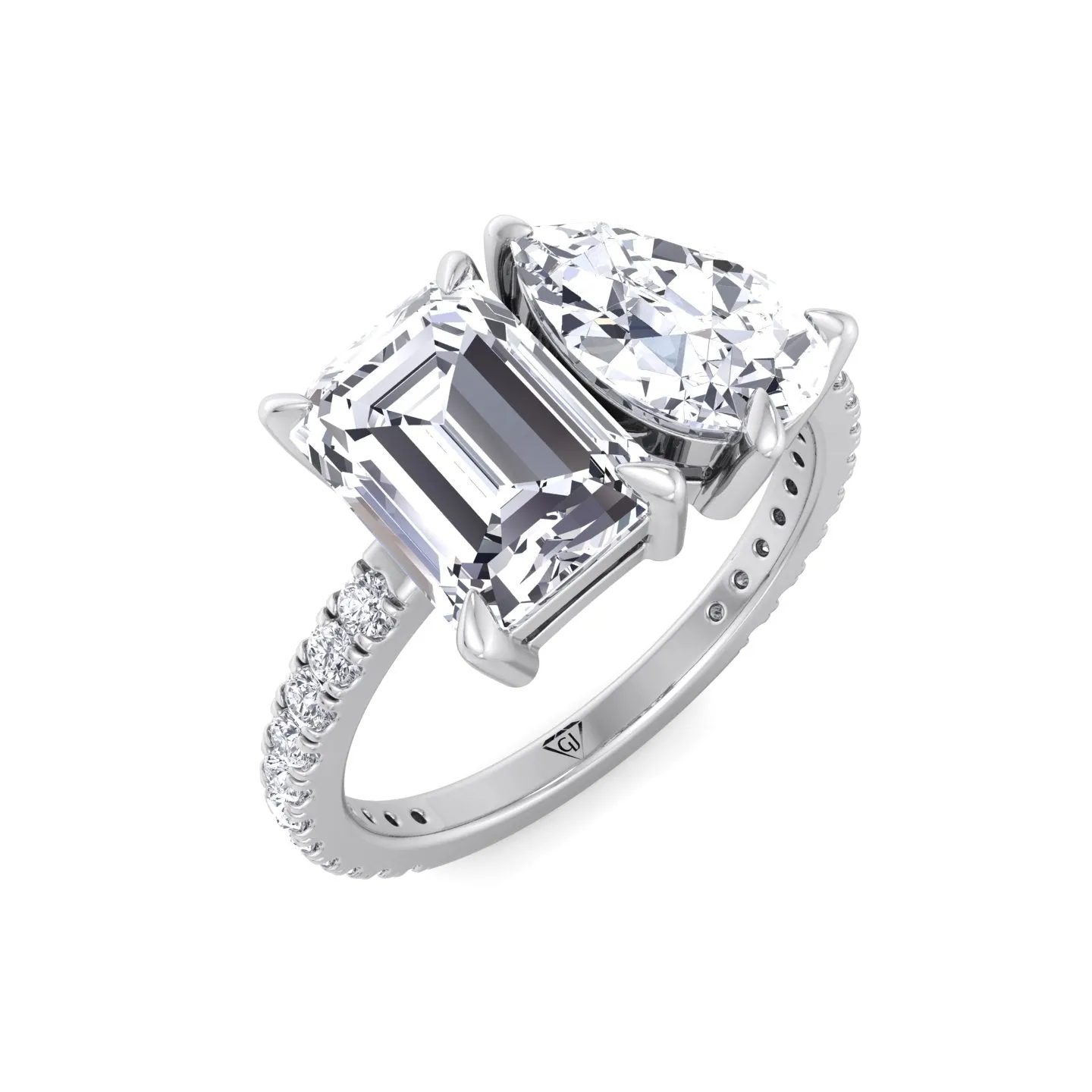 Lyra- Toi et Moi Pear & Emerald Cut Diamond Engagement Ring with Sidestones