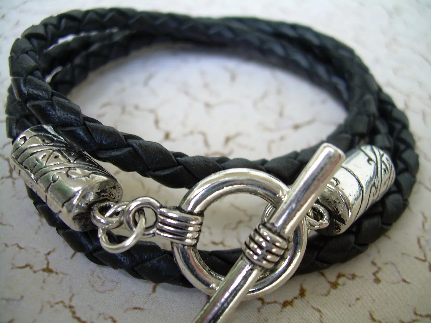 Mens Black Braided Leather Triple Wrap Bracelet, Wrap Bracelet, Mens Bracelet, Leather Bracelet, Gift, under 20, Boyfriend, Husband,