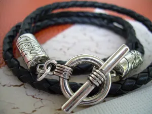 Mens Black Braided Leather Triple Wrap Bracelet, Wrap Bracelet, Mens Bracelet, Leather Bracelet, Gift, under 20, Boyfriend, Husband,