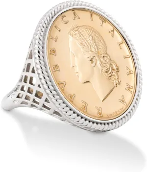 Miabella 925 Sterling Silver Genuine Italian 20-Lira Coin Rope Ring for Women