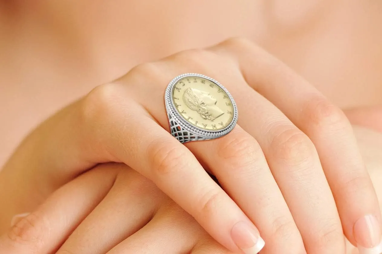 Miabella 925 Sterling Silver Genuine Italian 20-Lira Coin Rope Ring for Women