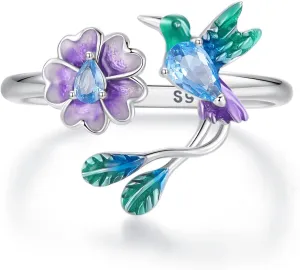 MUNDELL 925 Sterling Silver Blue Turtle Adjustable Ring Floral Bird Animal Open Ring Seahorse Wrap Finger Rings for Women Statement Ring Fine Jewelry