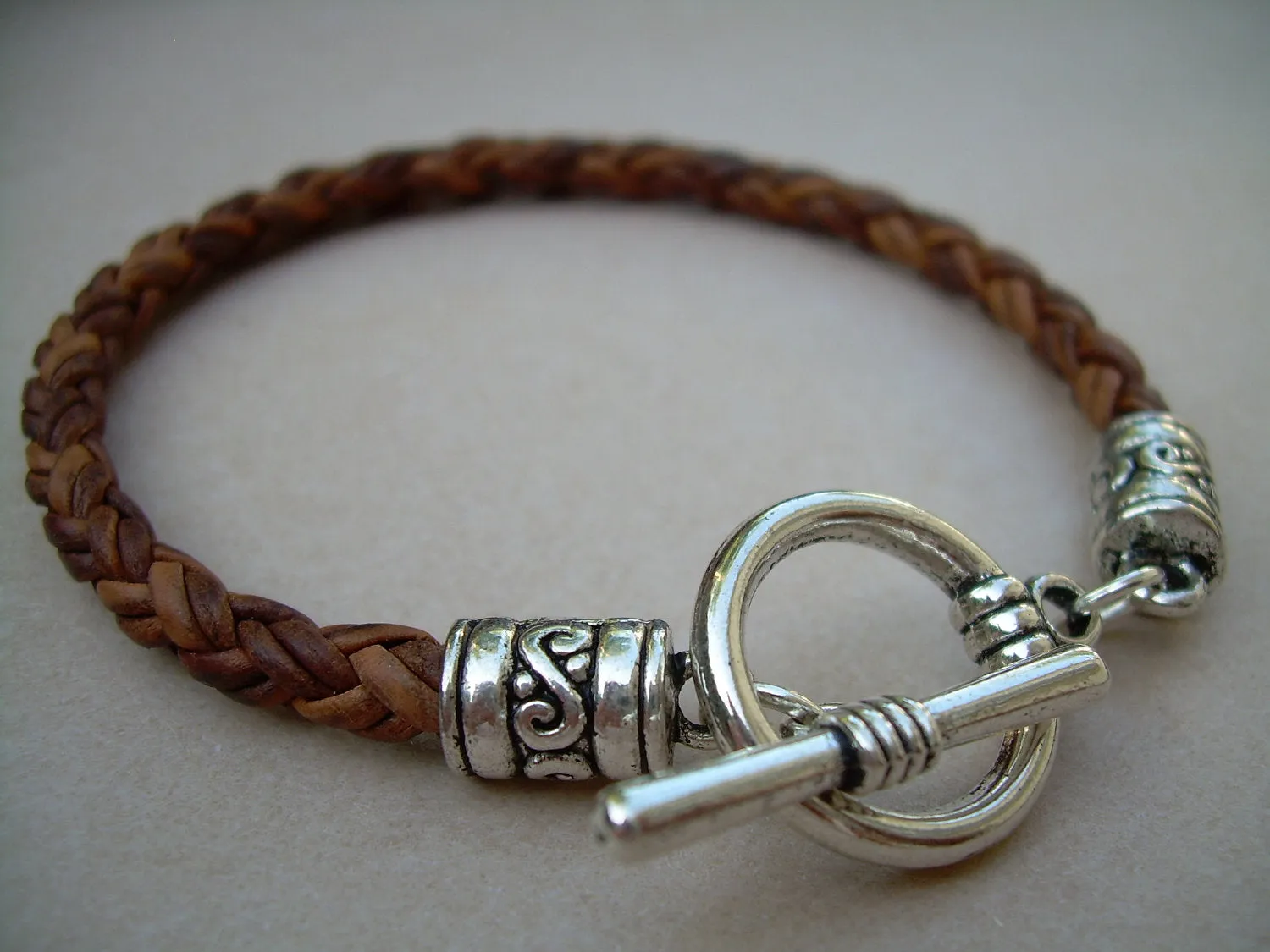 Natural Braided Leather Bracelet With Toggle Clasp