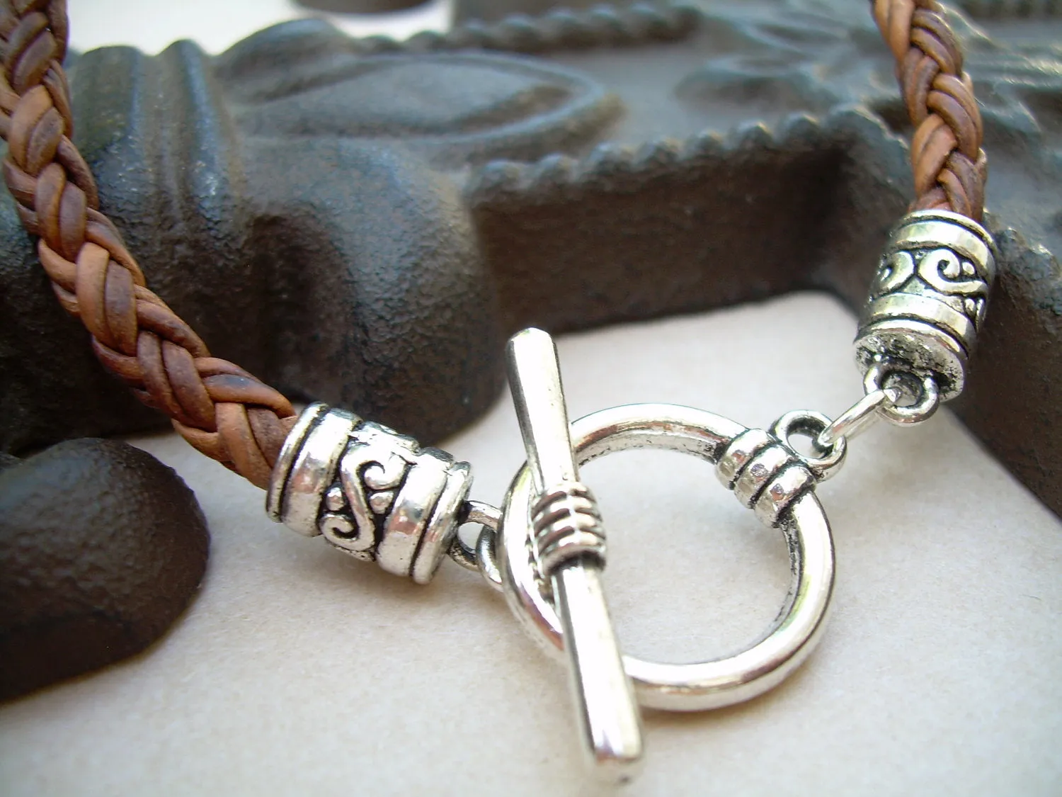 Natural Braided Leather Bracelet With Toggle Clasp