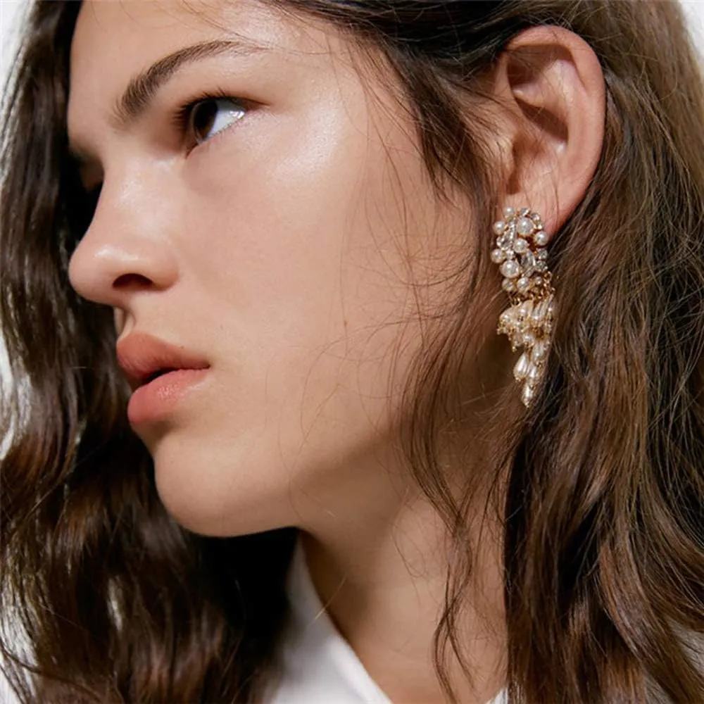 Pearl Wedding Dangle Earrings Crystal Gold Floral Hoop Statement Prom Jewelry for Women Brides