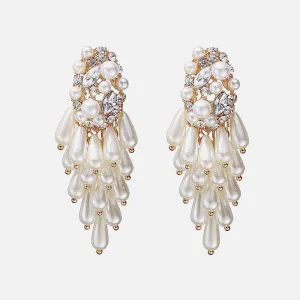 Pearl Wedding Dangle Earrings Crystal Gold Floral Hoop Statement Prom Jewelry for Women Brides