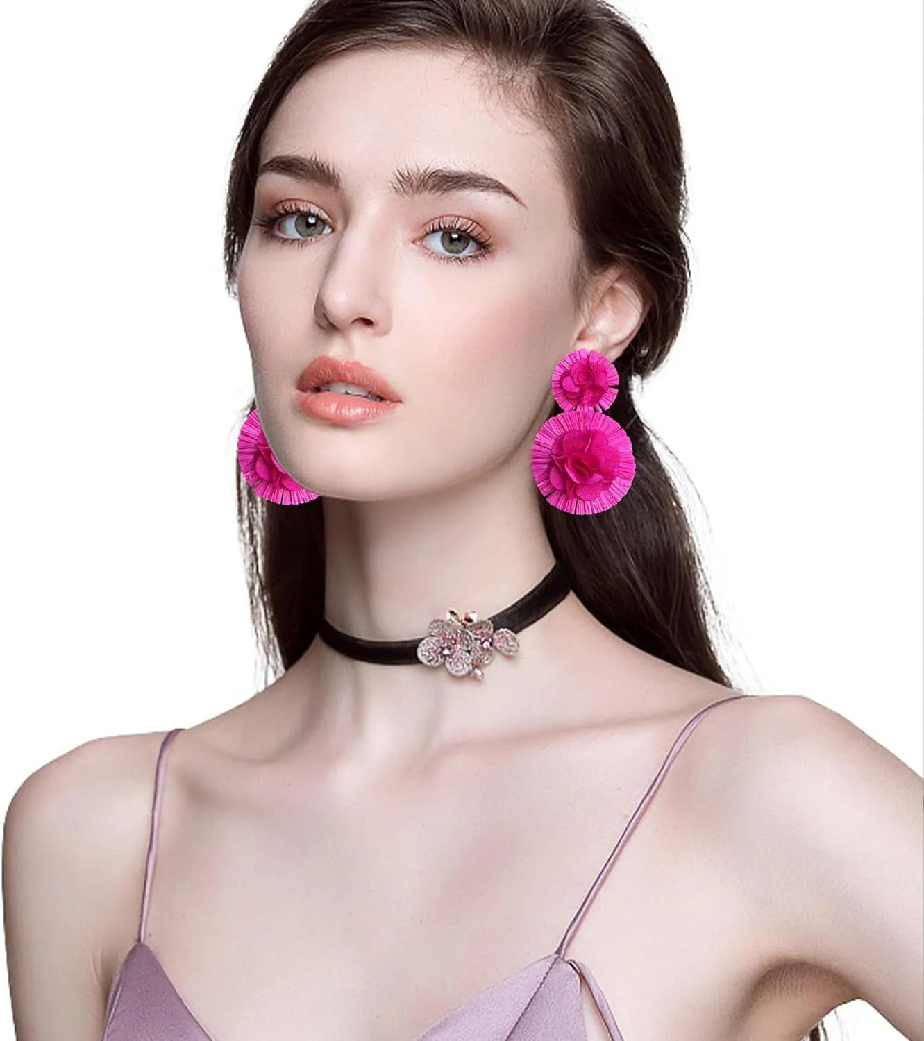 Raffia Flower Earrings Raffia Straw Wrapped Hot Pink Flower Drop Dangle Earrings Summer Tropical Beach Jewelry