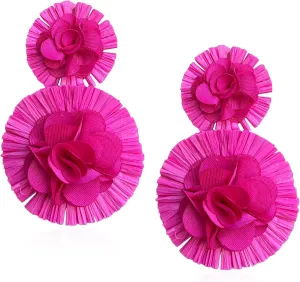 Raffia Flower Earrings Raffia Straw Wrapped Hot Pink Flower Drop Dangle Earrings Summer Tropical Beach Jewelry