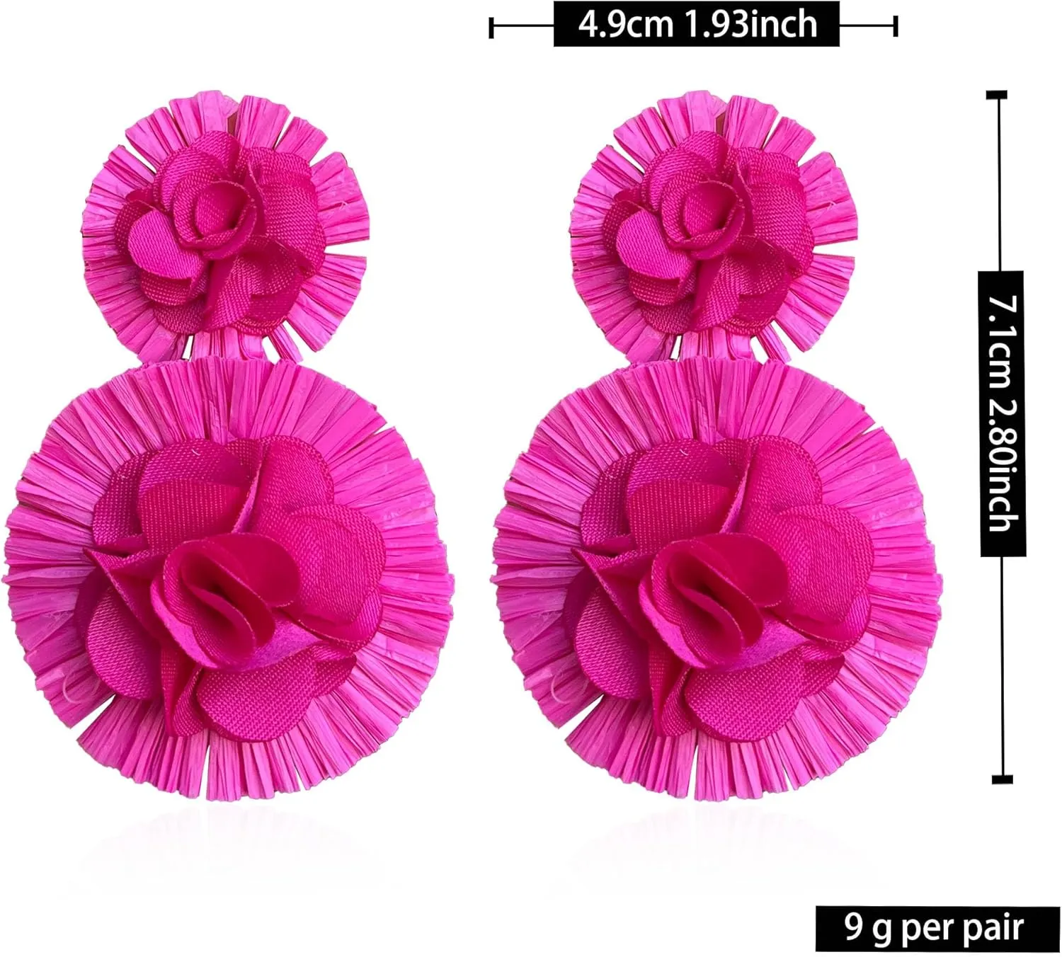 Raffia Flower Earrings Raffia Straw Wrapped Hot Pink Flower Drop Dangle Earrings Summer Tropical Beach Jewelry
