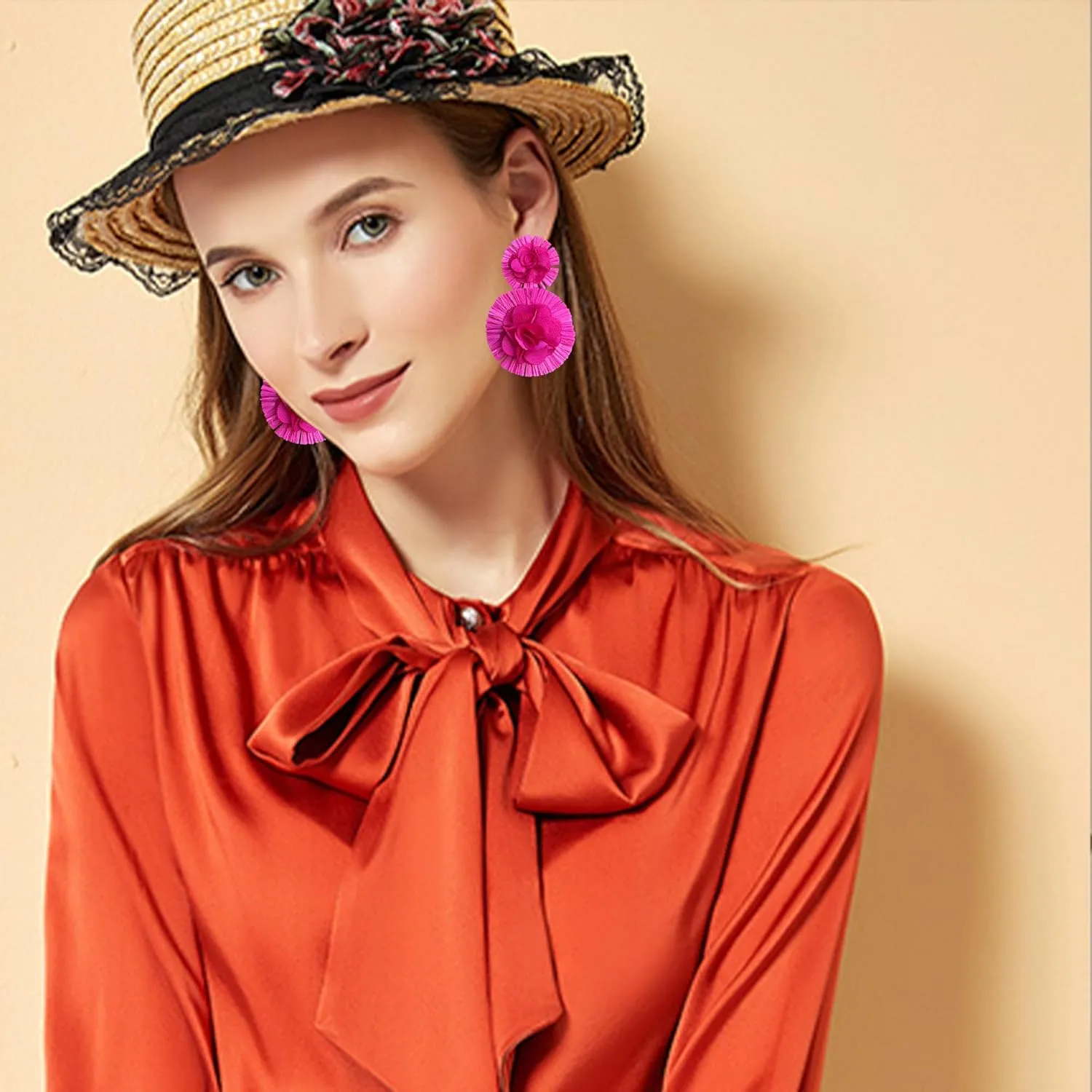 Raffia Flower Earrings Raffia Straw Wrapped Hot Pink Flower Drop Dangle Earrings Summer Tropical Beach Jewelry