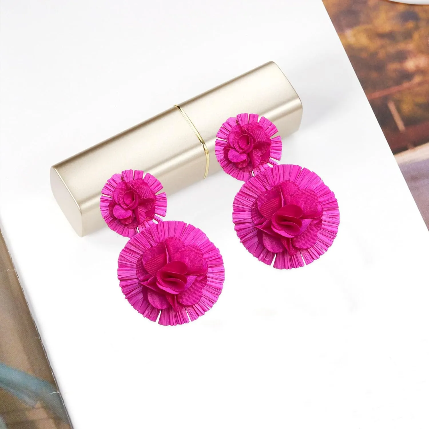 Raffia Flower Earrings Raffia Straw Wrapped Hot Pink Flower Drop Dangle Earrings Summer Tropical Beach Jewelry