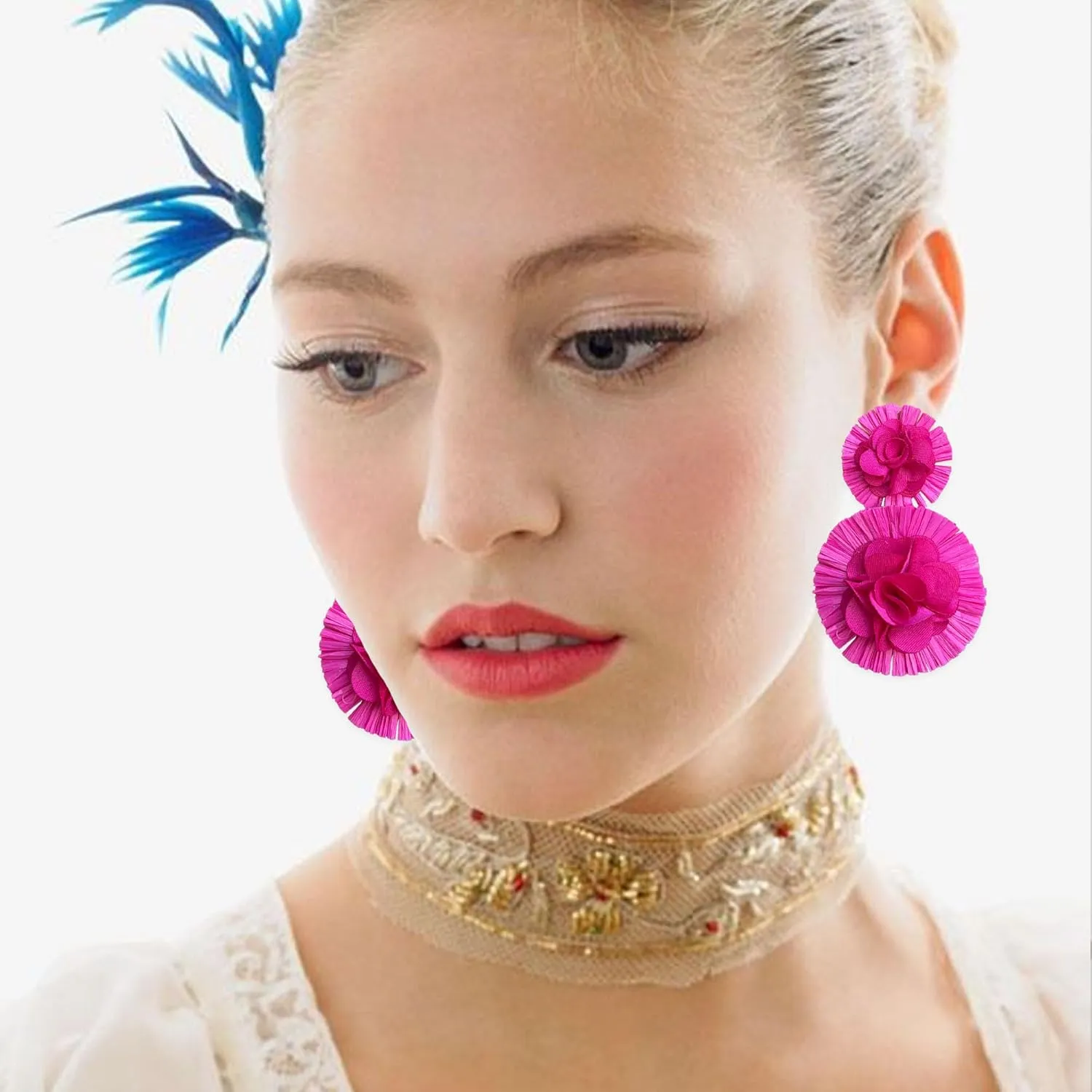 Raffia Flower Earrings Raffia Straw Wrapped Hot Pink Flower Drop Dangle Earrings Summer Tropical Beach Jewelry