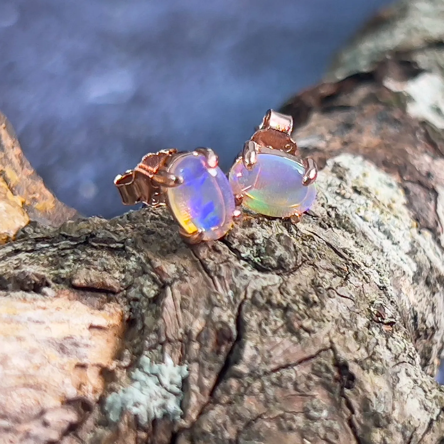 Rose Gold Sterling Silver 6x4mm Light Opal studs claw set