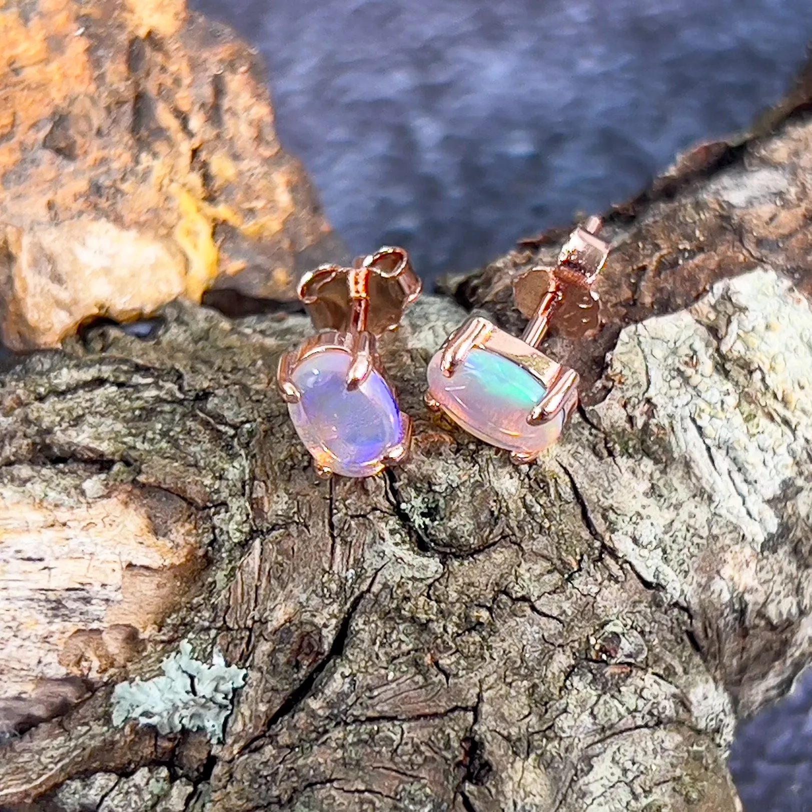 Rose Gold Sterling Silver 6x4mm Light Opal studs claw set