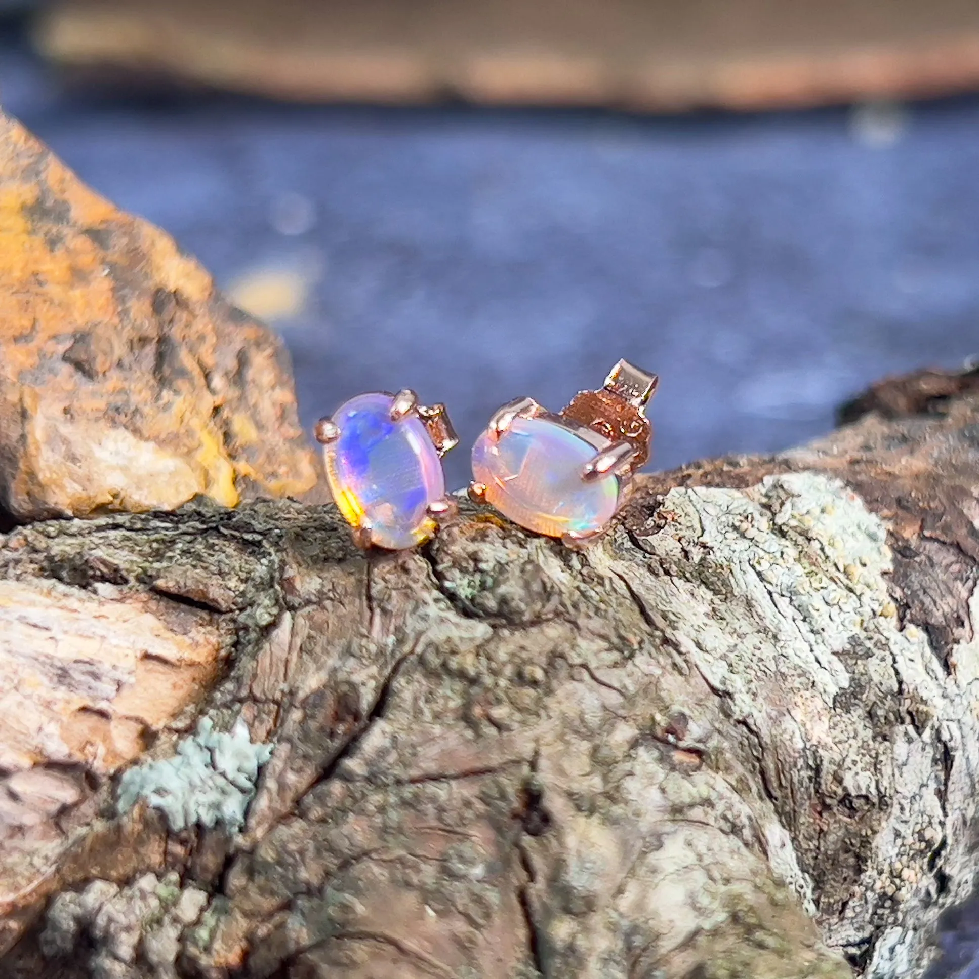 Rose Gold Sterling Silver 6x4mm Light Opal studs claw set