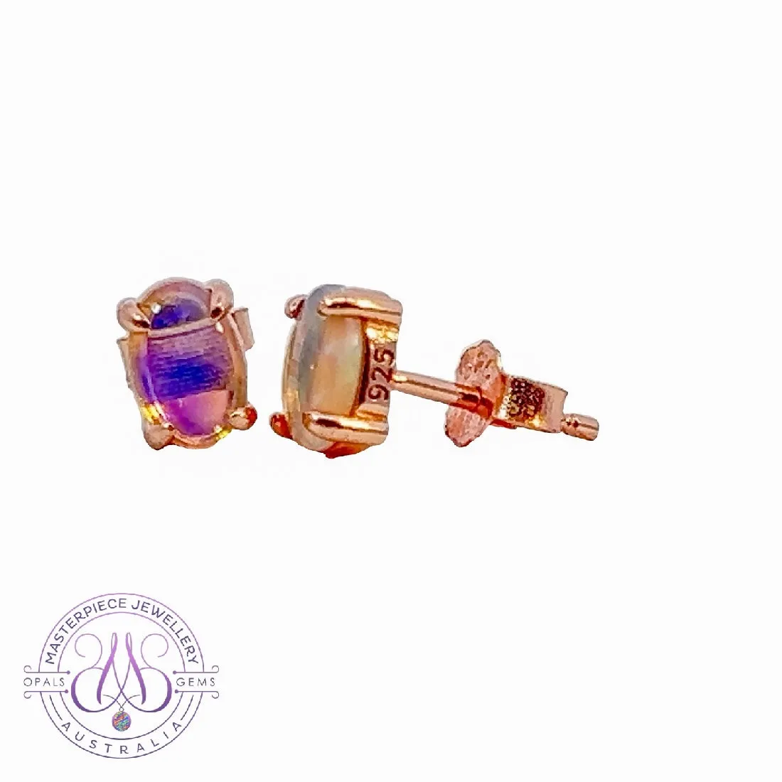 Rose Gold Sterling Silver 6x4mm Light Opal studs claw set