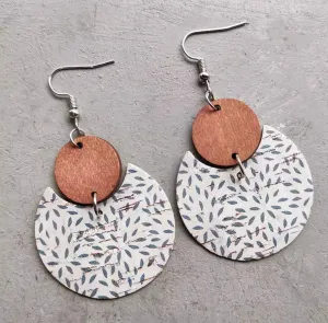Round White and Blue Wood and Cork Earrings