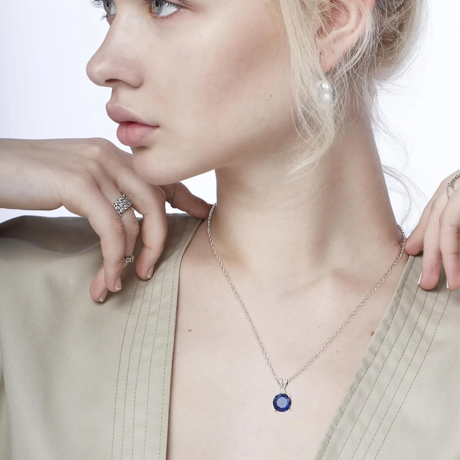 Sapphire Necklace 925 Sterling Silver Dainty Round Birthstone 18 Inch Blue Pendant Necklace for Women