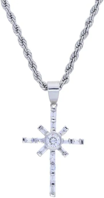 Segmented Square Round CZ X Cross Pendant for Hip-Hop Men Women Gold Sliver