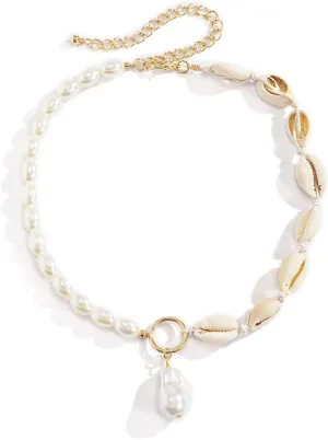 Shell Necklace for Women Natural Pearl Choker Necklace Adjustable Seashell Necklac Handmade Shell Clavicle Necklace Summer Hawaiian Style Braided Rope Natural Shell Necklace Boho Beach Jewelry