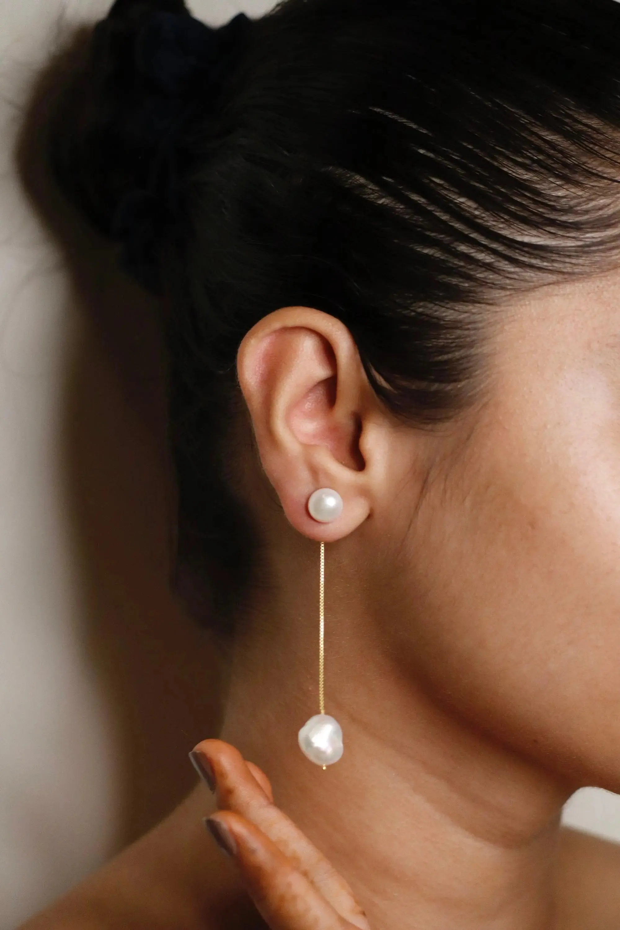 Silver Chain Drop Natural Pearl Earrings -From Purl