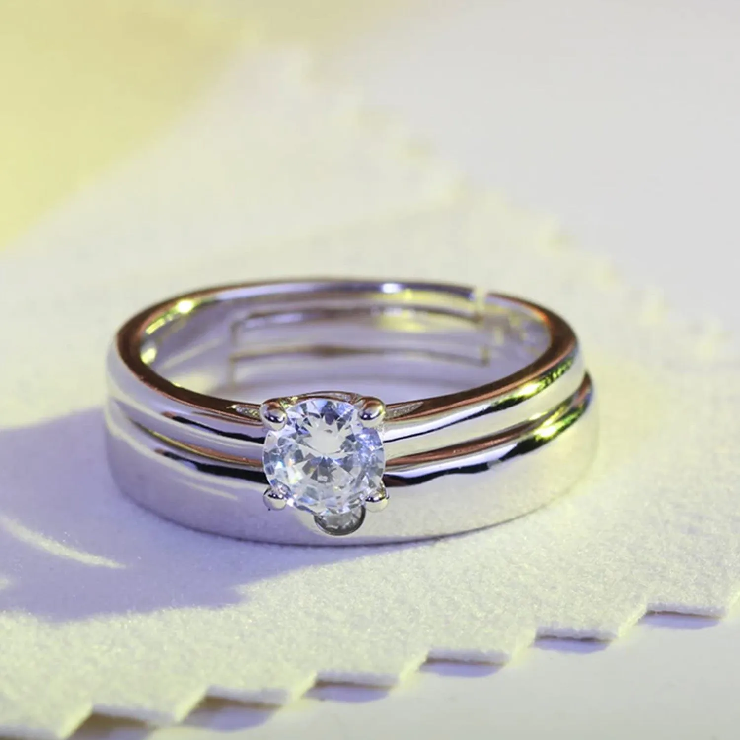 Solitaire Couple Ring Set with Cubic Zirconia and Crystal