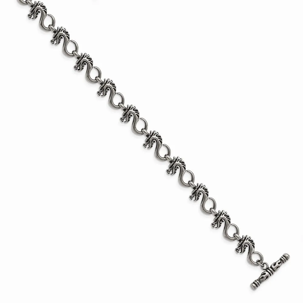 Stainless Steel Antiqued and Polished Dragon 7.5in Bracelet